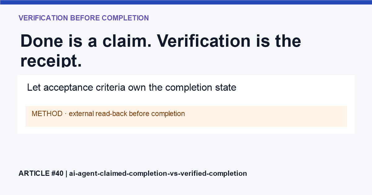 A completion claim is separated from an external verification receipt, showing that an agent final message is not the acceptance test.